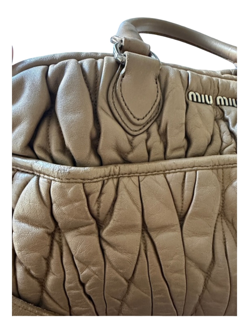 Miu Miu Matelasse Taupe Quilted Ruched Leather Satchel Shoulder Bag Purse Soft - Picture 7 of 16